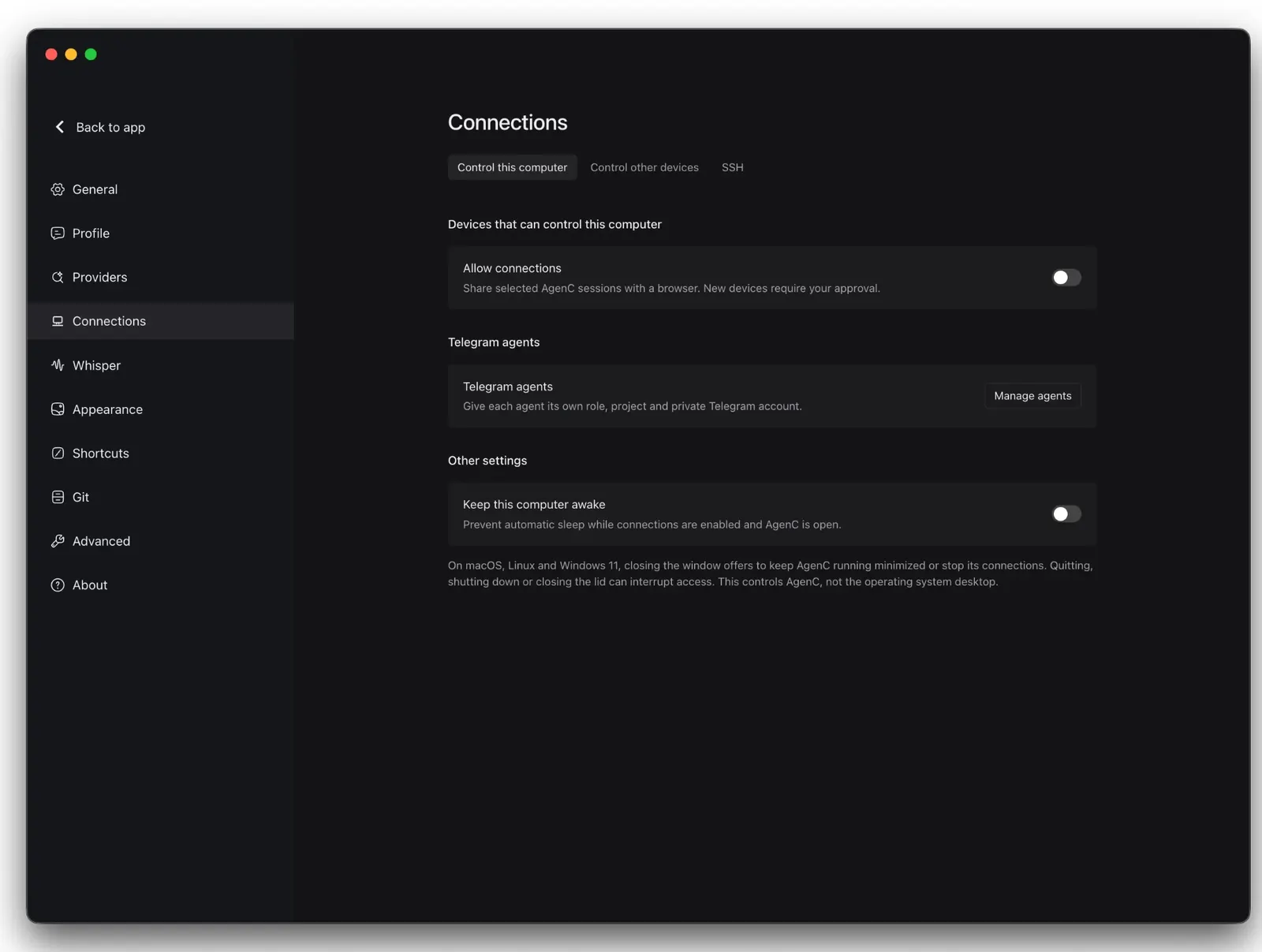 The Connections settings