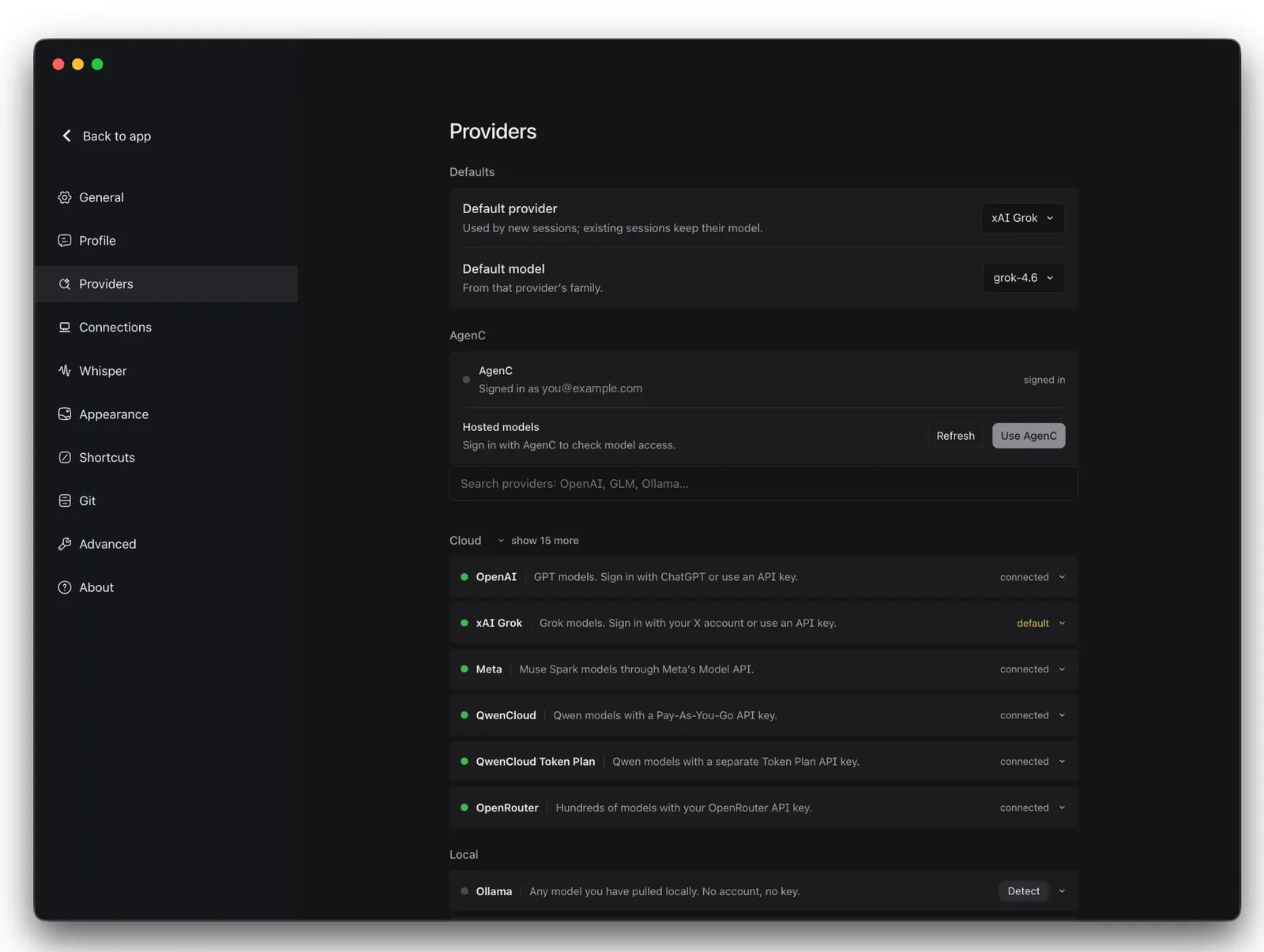 The Providers screen in AgenC Desktop