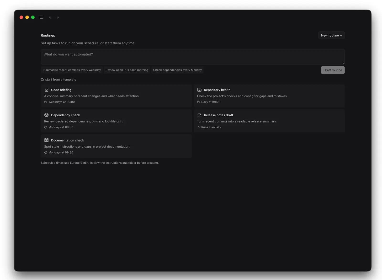 The Routines page