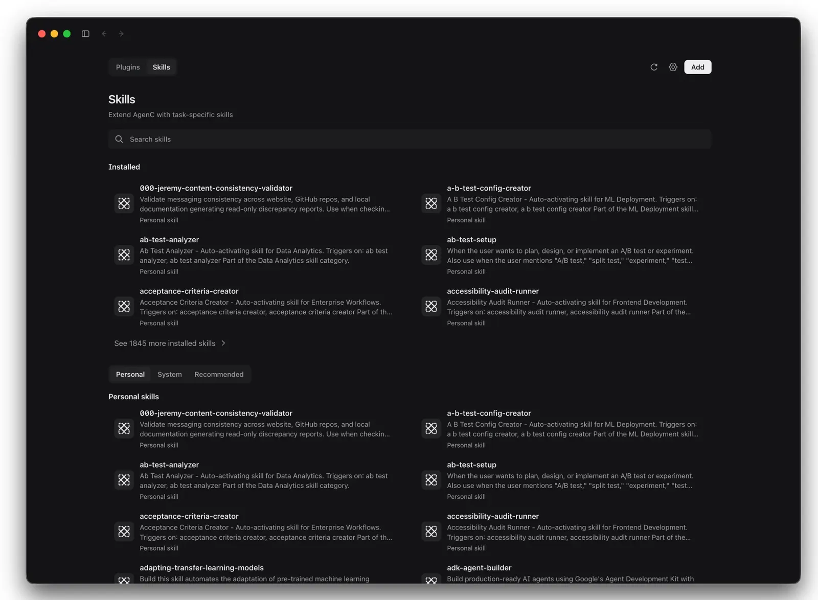The Skills page